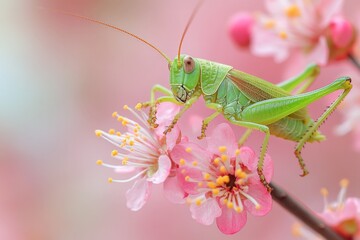 Green grasshopper perched on pink cherry blossoms in a spring garden during daytime