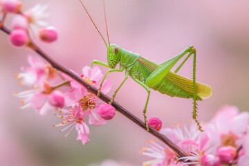 Bright green grasshopper rests on a blooming cherry blossom branch in springtime garden