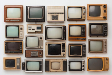 Retro CRT televisions with antennas creating a chaotic display on a white wall