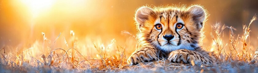 Obraz premium Cuddly cheetah cub resting in golden sunlight nature photography wild environment close-up view