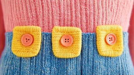 Close-up of colorful knitted fabric with buttons.