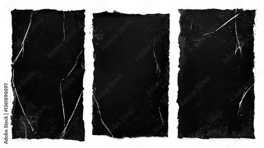 Poster three textured black paper sheets with torn edges, displaying subtle cracks, ideal for backgrounds o