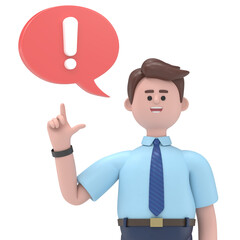 3D illustration of a thinking Asian man Felix  with exclamation mark in speech bubble.Transparent Background Mockup.Supports PNG files with transparent backgrounds.