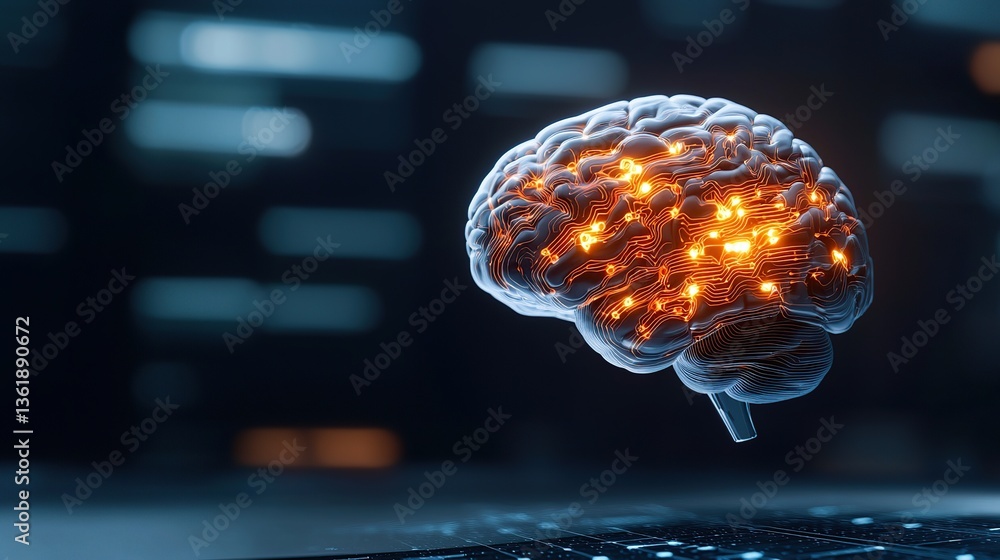 Poster digital representation of a brain illustrating technology and intelligence concepts.