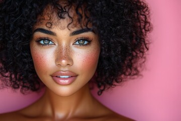 Fototapeta premium Beautiful woman with curly hair and radiant skin posed against a pink background showcasing her natural beauty