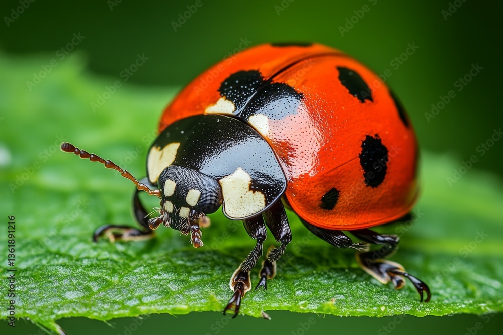 Poster colorful ladybug resting on a green leaf in a vibrant garden setting during daylight hours