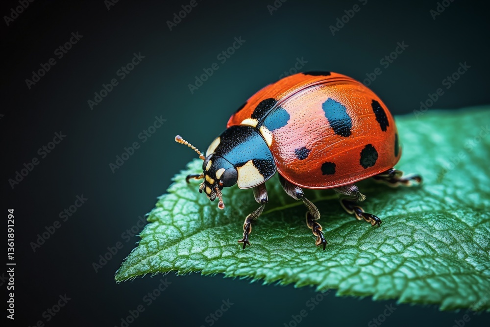 Poster bright ladybug resting on a green leaf with vibrant colors and intricate details in the garden durin
