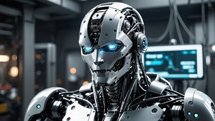 Futuristic robot with blue eyes, representing advanced AI technology and innovation