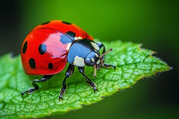 Fototapeta premium Colorful ladybug resting on a green leaf in a garden during a sunny afternoon