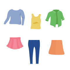 Woman and man clothes collection. Clothes flat vector illustrations set. Jeans, t shirt isolated design elements on white. Vector color illustration.