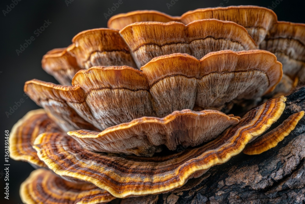 Poster beautiful layers of orange and brown fungi growing on tree bark in a forest setting