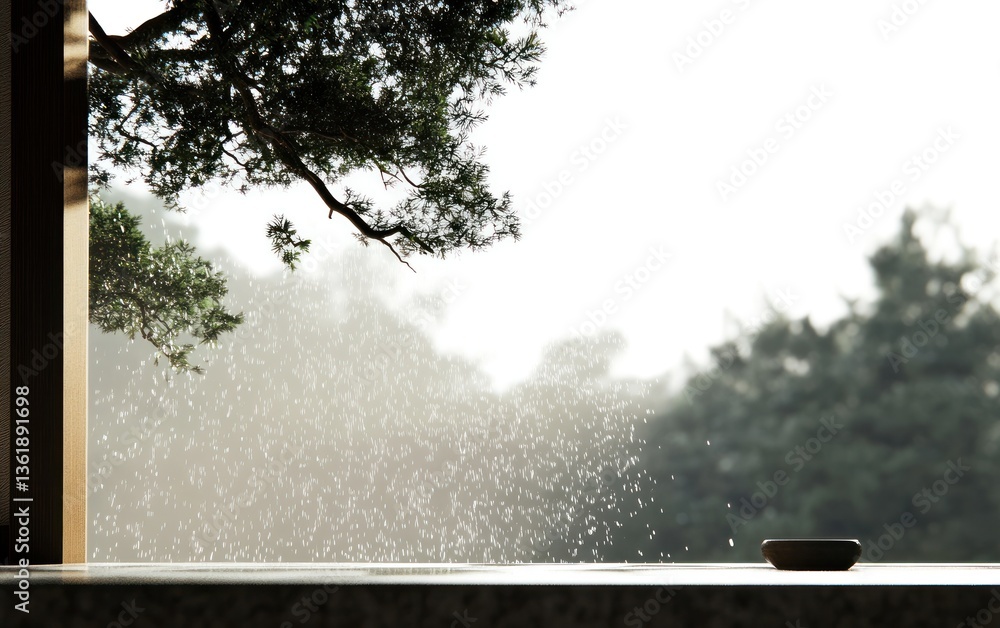 Poster rainy day scene viewed from a window, showcasing a small bowl on a ledge with rain falling softly ou