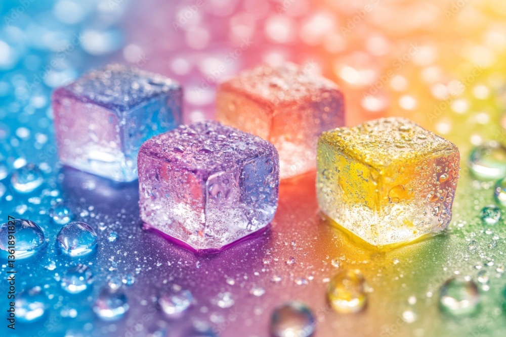 Poster Colorful ice cubes resting on a vibrant background with droplets of water in a bright setting