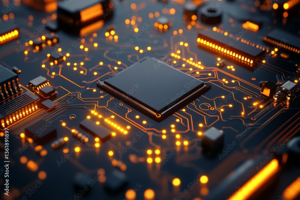 Poster intricate design of a circuit board showcasing glowing connections and a central processing unit in 