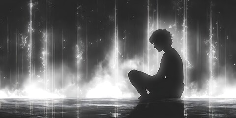 Obraz premium A Silhouetted Person Meditating Contemplatively On A Radiant Surface