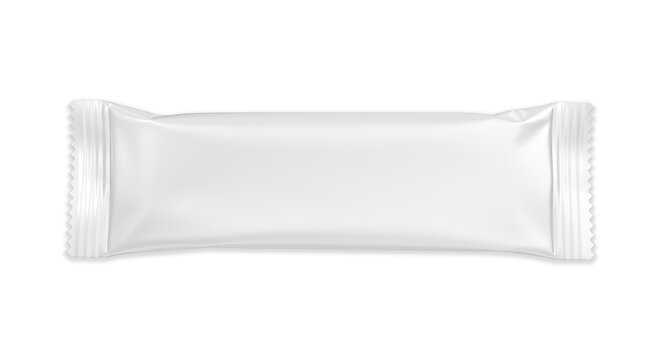 Snack bar packaging mockup on isolated white background, blank mock up template of flow pack, 3d illustration.