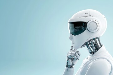 A futuristic robot pondering, showcasing advanced technology and design with a blue background.