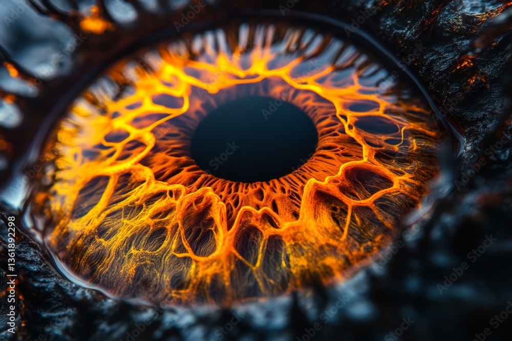 Poster unique macro view of a fiery eye with intricate patterns and vibrant colors showcasing depth and det