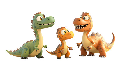 Obraz premium Three colorful cartoon dinosaurs are together.