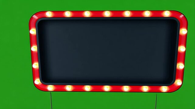 Marquee Sign, Blank, Red Frame, Illuminated Bulbs, Green Screen Background, Retro Style, Advertisement, Display, Empty Billboard, Cla