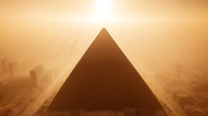 Ancient pyramid rises above a city covered in hazy atmospheric conditions