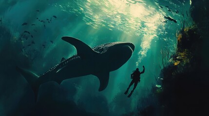 Obraz premium Encounters of the Deep: A Diver and a Whale Shark