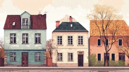 Fototapeta premium Three charming houses lined up on a quiet street in autumn, with colorful foliage and a serene atmosphere