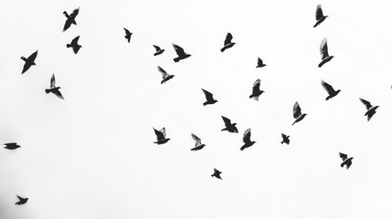 Flock of birds in flight against a white background. Possible use Stock photography