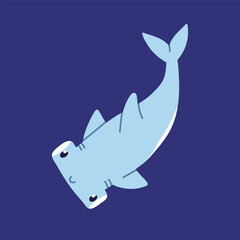 Hammerhead shark, cute happy baby fish swimming underwater, smiling. Marine animal in sea. Aquatic hammer head character, tropical fauna, water nature. Childish kids flat vector illustration