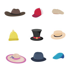 Set of male and female hats. Cartoon hats. Female and male headwear, derby and cowboy, straw hat, capq. Vintage fashion hats vector set. Collection of female and male accessory or hat.