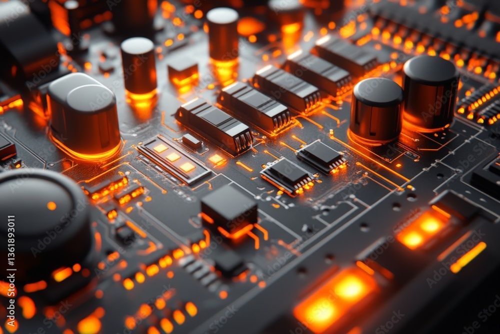 Leinwandbilder Close-up view of a circuit board with glowing orange components in a dark setting showcasing intricate electronic design