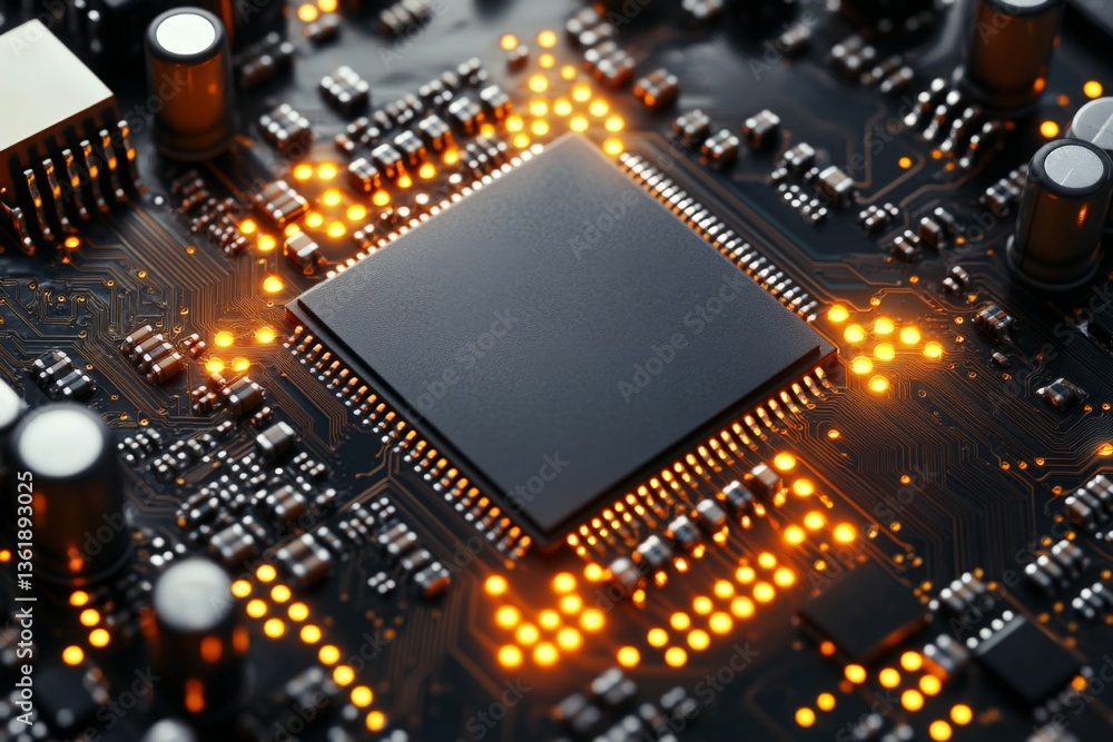 Fototapete circuit board with illuminated components showcasing intricate technology in close-up view