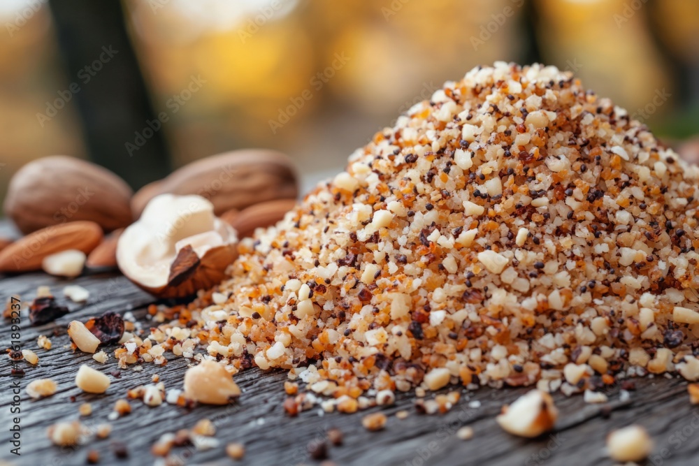 Poster pile of finely chopped nuts and spices on a rustic wooden table in autumn sunlight