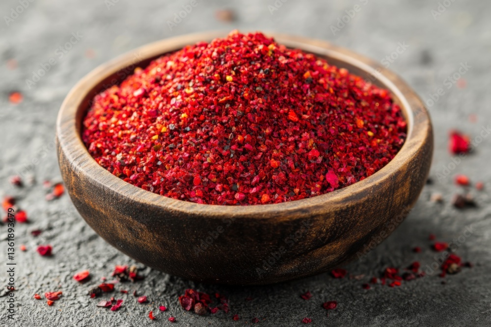 Poster vibrant red spice blend sits in a wooden bowl on a rustic surface ready for culinary uses in various