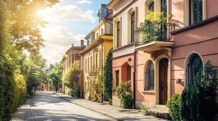 Fototapeta premium Charming street lined with colorful houses, bathed in sunlight, showcasing lush greenery and a peaceful atmosphere