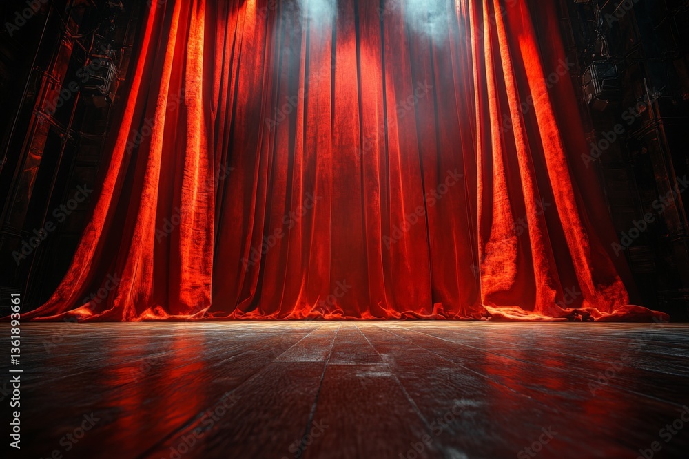 Aufkleber bright red curtain ready to unveil a performance in a theater setting with wooden floor and atmosphe
