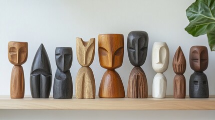 A clean row of hand-carved wooden totems styled on a light shelf. background