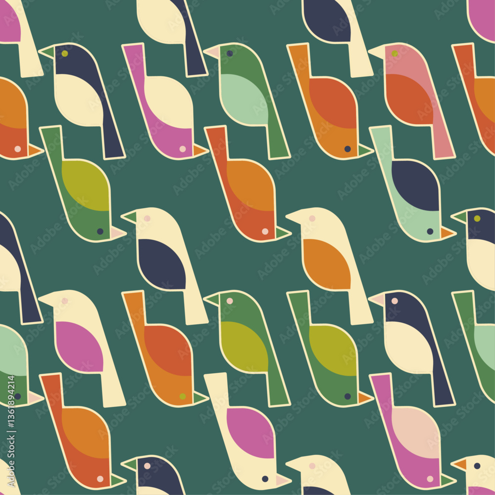 Poster green background and birds. vector pattern with simple birds, geometry. for print.