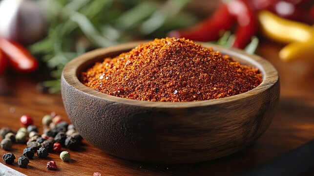 a wooden bowl filled with vibrant cajun spices rests on a wooden surface the finely ground spice mix emphasizes its aromatic,delicious nature with a mix of red orange,brown tones