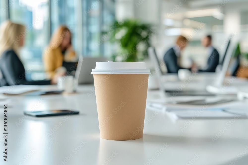 Poster coffee cup on office table during a business meeting in a modern workspace with colleagues discussin