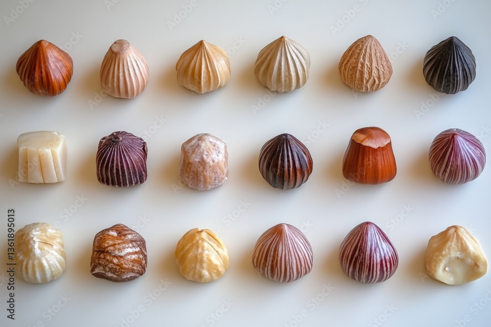 Aufkleber variety of chocolate confections arranged in perfect rows on a light background