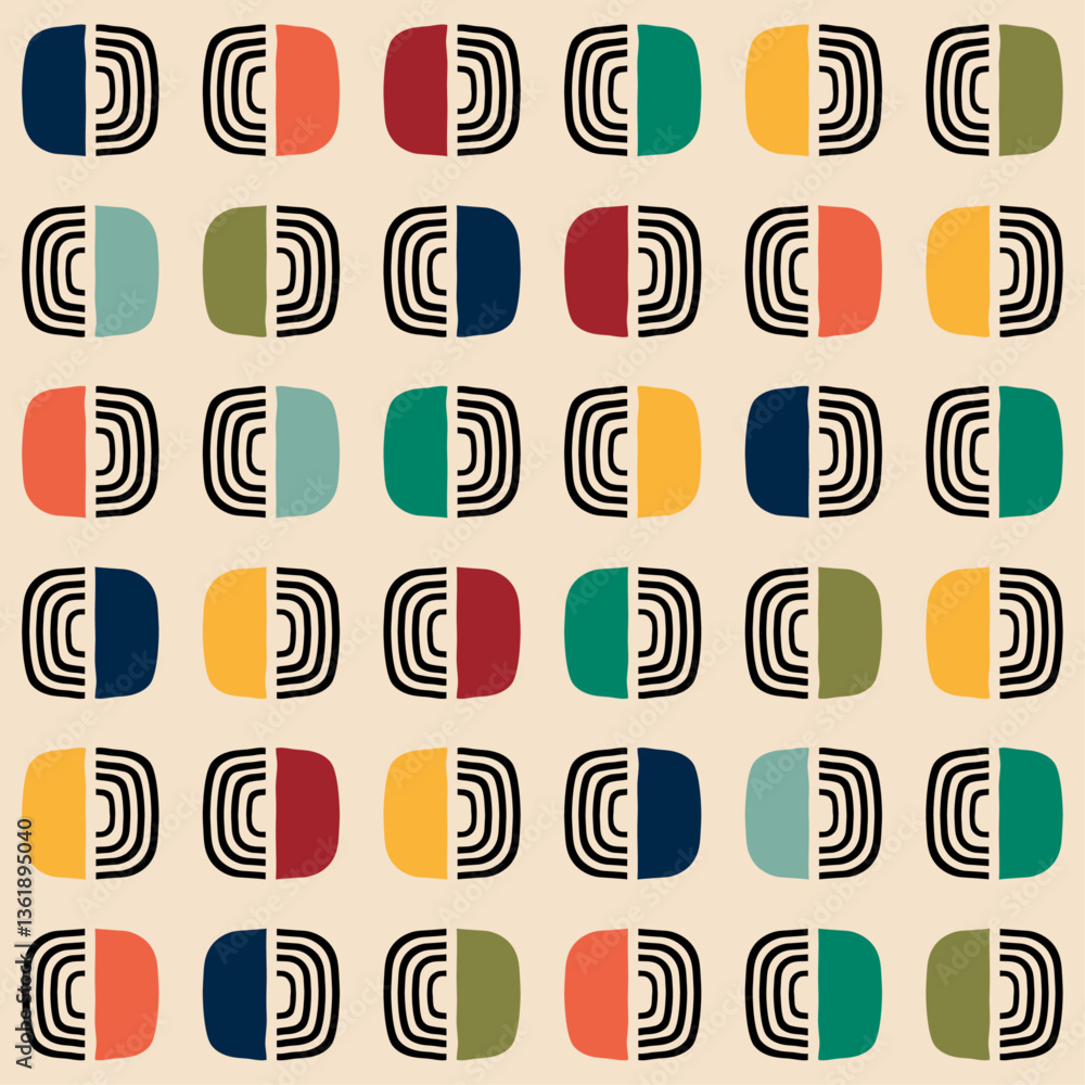 Poster Abstract pattern of colored shapes striped on one side and colored on the other. Seamless for print.