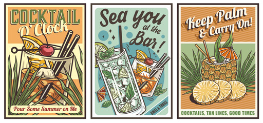 Mojito and pina colada cocktail glass on retro, vintage poster or retro sign for design of surfing, tiki or beach bar menu. Gin rickey or negroni alcohol cocktail set for drink party, summer vibes