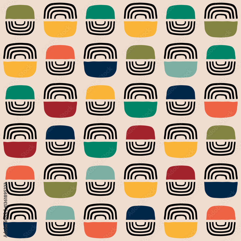 Poster bright pattern of colored shapes, striped on one side and colored on the other.