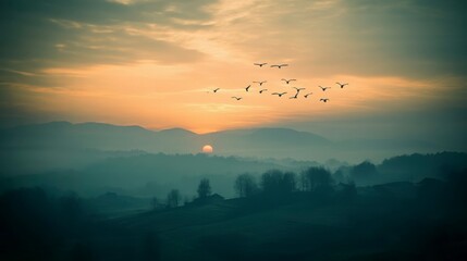 Birds soaring over a tranquil landscape with looming clouds, symbolizing global health threats and virus spread.