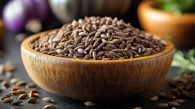 a wooden bowl filled with whole cumin seeds known as kimyon tane in turkish these aromatic seeds are commonly used in culinary dishes for their warm earthy flavor,numerous health benefits