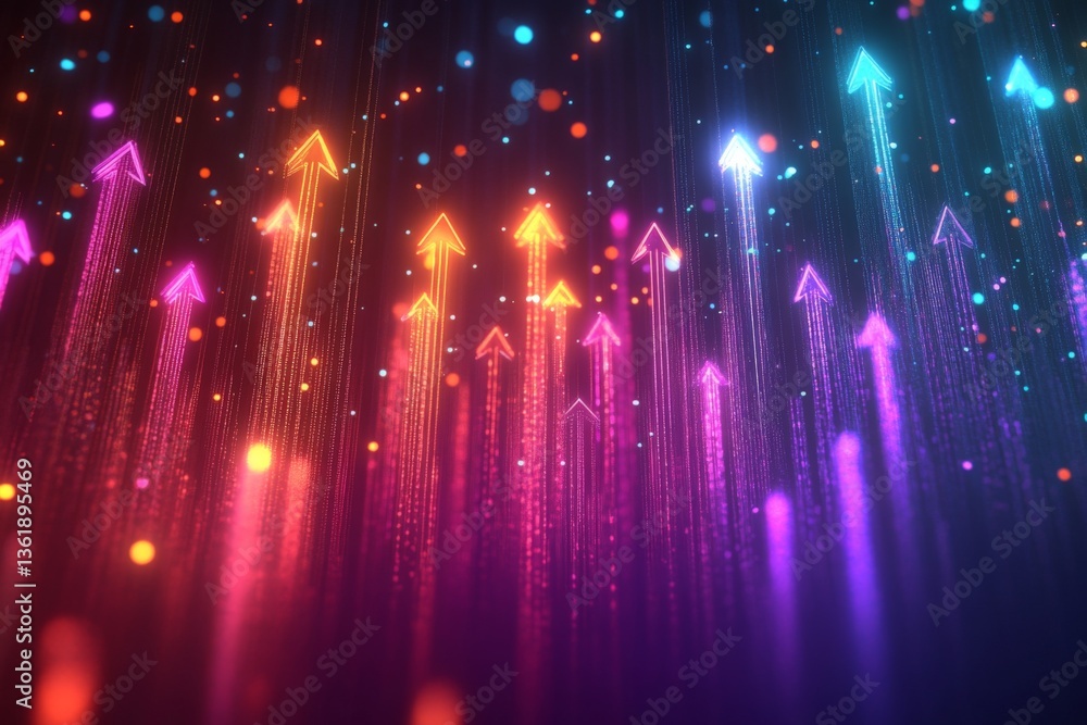 Poster colorful arrows pointing upward in a vibrant abstract design during nighttime