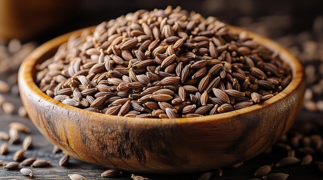 a wooden bowl filled with whole cumin seeds known as kimyon tane in turkish these aromatic seeds are commonly used in culinary dishes for their warm earthy flavor,numerous health benefits