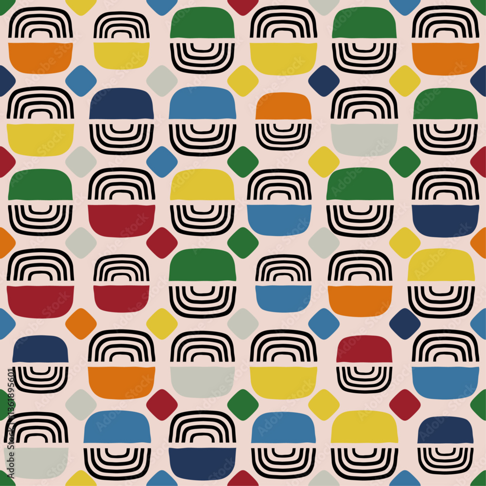 Aufkleber abstract pattern of colored shapes striped on one side and colored on the other. for print, casual a