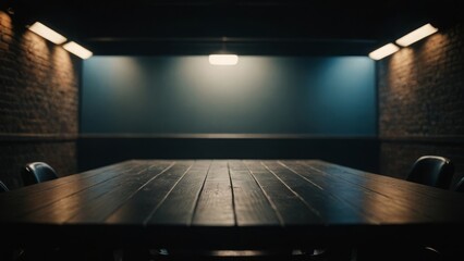 Fototapeta premium Dimly lit wooden table in a cozy room with warm lighting, ideal for gatherings